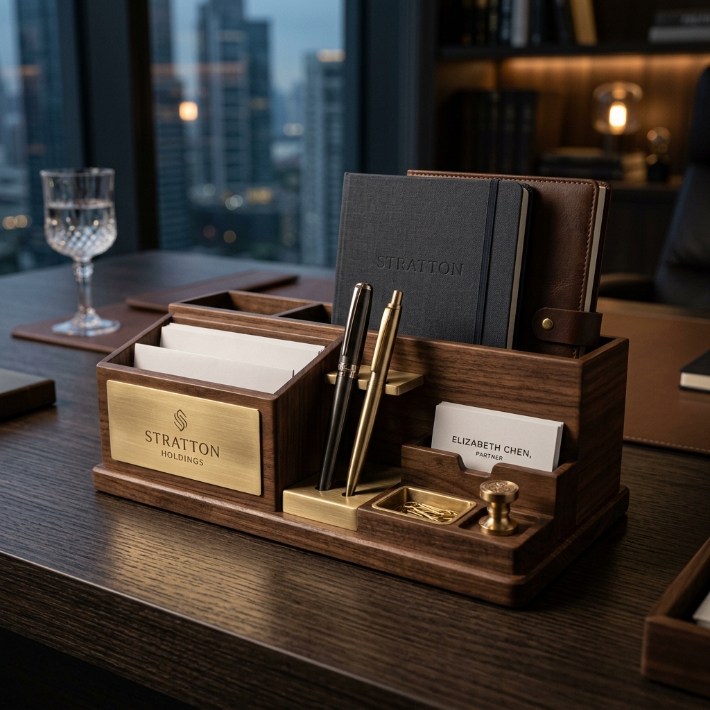 Luxurious Wooden & Metal Desk Organizer